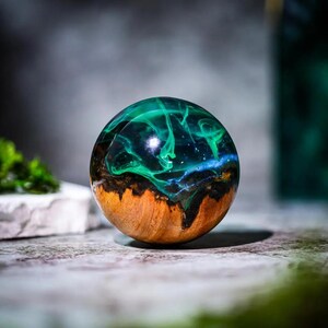 Aurora Borealis Resin Paperweight | Northern Lights Desk Decor | Handmade Wood & Epoxy Sphere Gift for Nature Lovers
