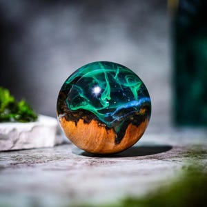 Aurora Borealis Resin Paperweight | Northern Lights Desk Decor | Handmade Wood & Epoxy Sphere Gift for Nature Lovers