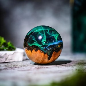 Aurora Borealis Resin Paperweight | Northern Lights Desk Decor | Handmade Wood & Epoxy Sphere Gift for Nature Lovers