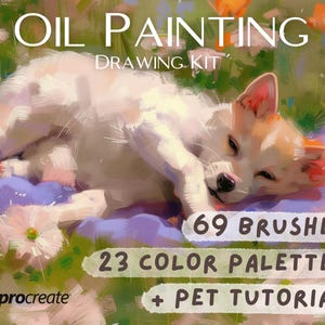 May include: Procreate Oil Painting Drawing Kit featuring 69 brushes, 23 color palettes, and a pet tutorial. The kit includes a digital illustration of a white dog with brown ears sleeping on a purple surface.