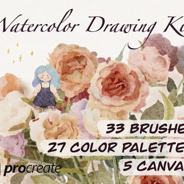 81 Procreate Brushes Watercolor Drawing Kit, Color Palettes, Paper Canvas sets Bundle, Coloring Smudge Brush Landscape Water color Painting