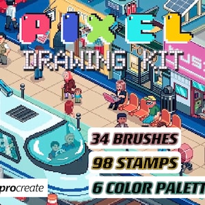 Kit da disegno con pixel 34 pennelli Procreate, tavolozze di colori, set di pennelli per timbri, gioco di cartoni animati, mosaico, creazione artistica digitale