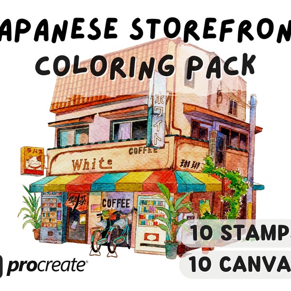 10 Procreate Japanese Storefront Coloring Pack, Shopfront Shophouse Buildings House Stamp Outline, Paper Canvas, Sketch Watercolor Painting