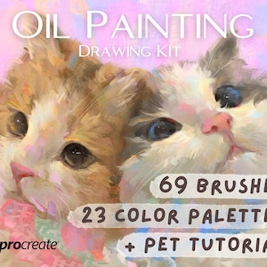 Könnte beinhalten: Procreate Ölmalerei-Zeichenset mit zwei Katzen, eine mit orange-weißem Fell und die andere mit weiß-grauem Fell. Das Set enthält 69 Pinsel, 23 Farbpaletten und ein Haustier-Tutorial.
