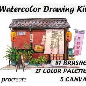 81 Procreate Brushes Watercolor Drawing Kit, Color Palettes, Paper Canvas sets Bundle, Coloring Smudge Brush Landscape Water color Painting