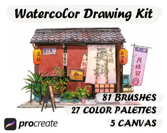 81 Procreate Brushes Watercolor Drawing Kit, Color Palettes, Paper Canvas sets Bundle, Coloring Smudge Brush Landscape Water color Painting