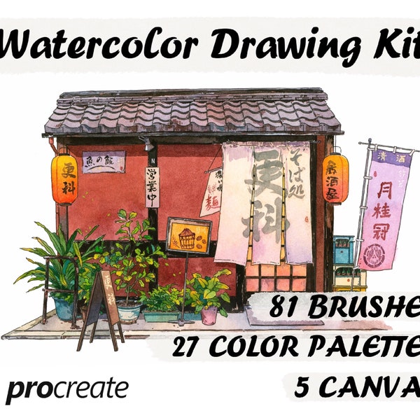 81 Procreate Brushes Watercolor Drawing Kit, Color Palettes, Paper Canvas sets Bundle, Coloring Smudge Brush Landscape Water color Painting