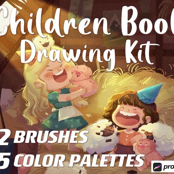 Kit de dessin de livre pour enfants, 42 pinceaux Procreate, palettes de couleurs, lot d'illustrations, personnage de portrait en dessin animé, création artistique numérique