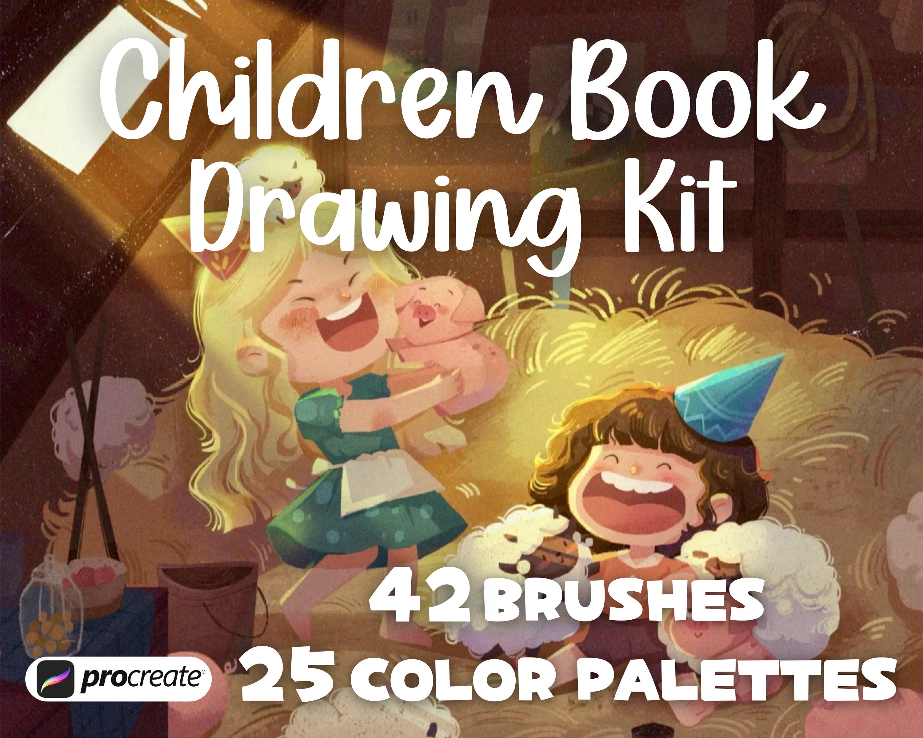 42 pinceles para Procreate Kit de ilustración de libros infantiles + 25 paletas de color | Paquete de dibujo cartoon, doodle y personajes