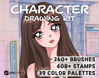 Procreate Character Drawing Kit – 260 Brushes, Stamps, Color Palettes (Digital Download)
