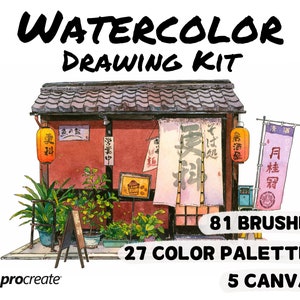 81 Procreate-penselen aquarel tekenset, kleurenpaletten, papieren canvas sets bundel, kleuring veegborstel landschap aquarel schilderij