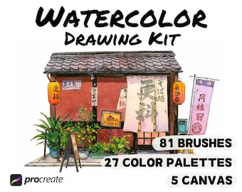 81 Procreate Brushes Watercolor Drawing Kit, Color Palettes, Paper Canvas sets Bundle, Coloring Smudge Brush Landscape Water color Painting