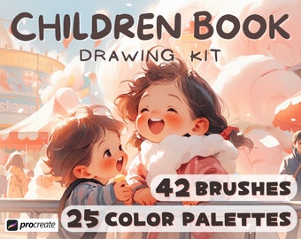 42 Procreate Brushes Kit de ilustración de libros para niños, paletas de colores, paquete de dibujo, figura de personaje de retrato de dibujos animados, arte creador digital