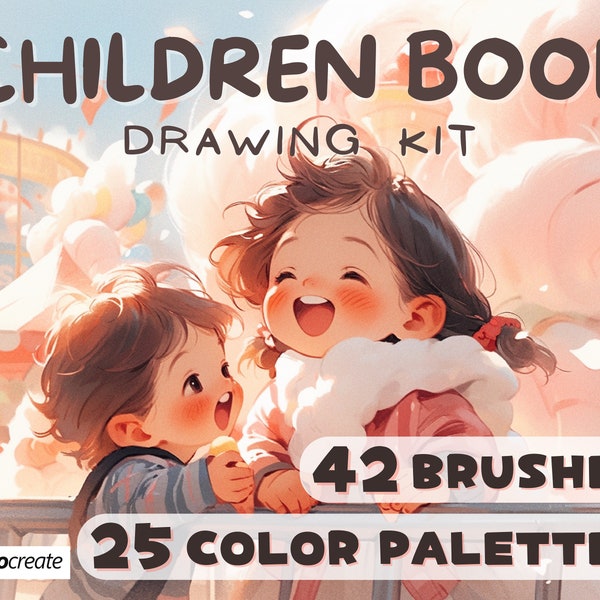 Kit d'illustrations de livre pour enfants, 42 pinceaux Procreate, palettes de couleurs, lot de dessins, personnage de portrait en dessin animé, création artistique numérique