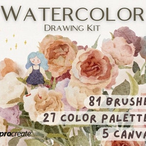 81 Procreate Brushes Watercolor Drawing Kit, Color Palettes, Paper Canvas Texture set Bundle, Coloring Smudge Brush Landscape Water Painting