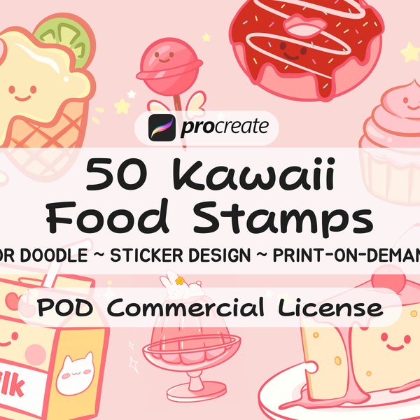 50 Kawaii Food Procreate Stamps: Doodle Sticker Brush Set (Commercial License)
