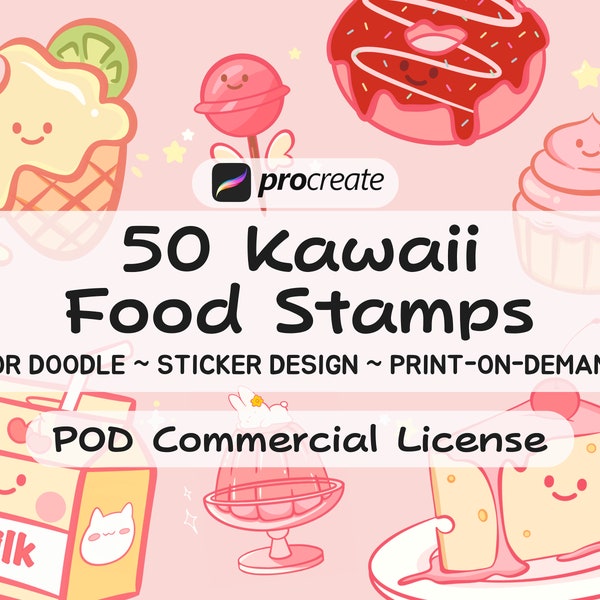 50 Procreate Cute Kawaii Food Stamp Pack, Brushes For Doodles, Sticker Illustration Design Line ART, Print on demand POD Commercial License