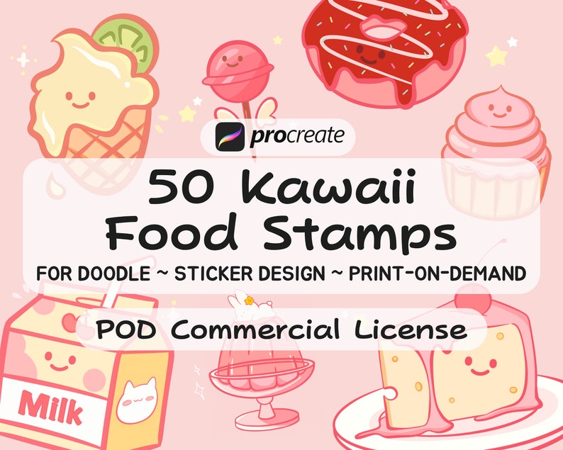 50 Kawaii Food Procreate Stamps: Doodle Sticker Brush Set (commercial ...