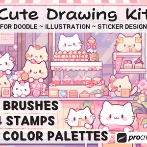 51 Procreate Brushes Cute Kawaii Drawing Kit, Color Palettes, Animals Stamp Brush sets Bundle | For Doodles illustrations stickers