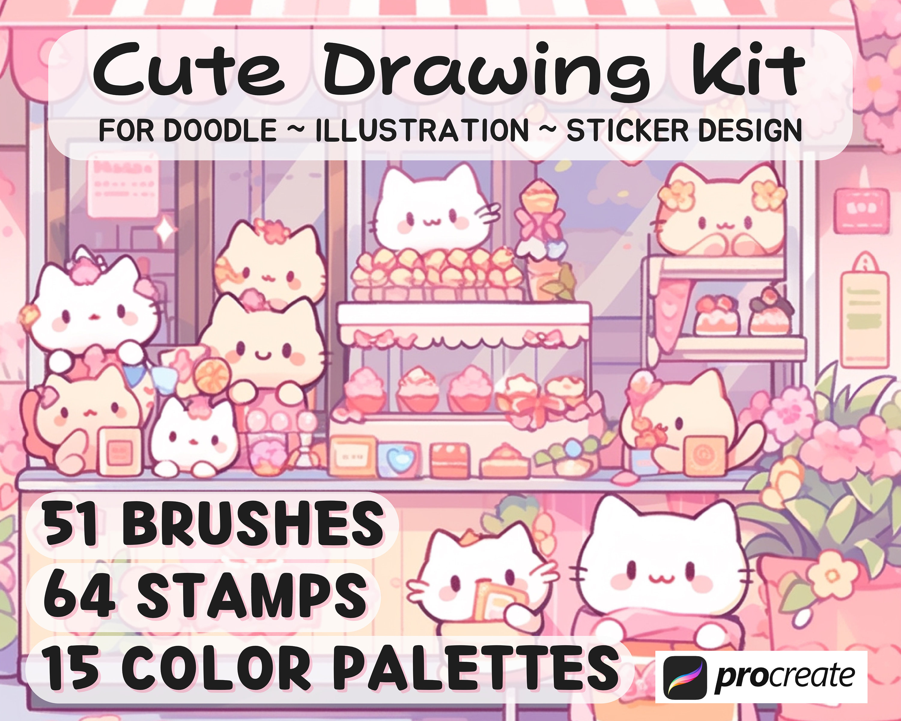 Pack de 51 pinceles Kawaii para Procreate con 64 sellos de animales y 15 paletas de colores pastel