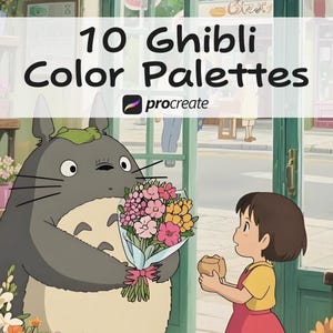 Op de afbeelding: Illustratie met personages uit een Studio Ghibli-film. Een groot, grijs, harig wezen houdt een boeket bloemen vast, gericht op een jong meisje. De afbeelding bevat de tekst "10 Ghibli Color Palettes" en het Procreate-logo.