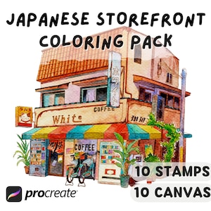 May include: A digital colouring pack featuring a watercolour illustration of a Japanese storefront with a coffee shop sign that says "White Coffee". The pack includes 10 stamps and 10 canvases for use with the Procreate app.