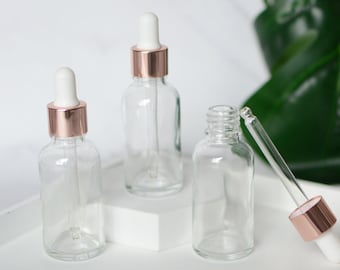 5ml 15ml 30ml 50ml 100ml Clear Glass Dropper Bottles, Essential Oil Dropper Bottle, Rose Gold Cap, Personal Care Treatment Bottle, Wholesale