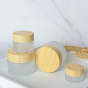 5g 15g 30g 50g 100g Bamboo Wooden Printing Look Frosted Glass Cream Jar Container, Bulk, Wholesale, DIY Beauty Packaging, Cosmetic Container