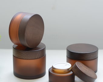 1-100pcs 15g 30g 50g 100g 150g 200g Natural Wooden Matte Amber Glass Cream Jar Container, Facial Body Butter Scrub Container, Wholesale