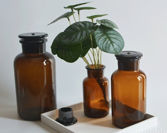 May include: Three amber glass bottles with black lids. The bottles are on a white surface with a green leafy plant in the center bottle.