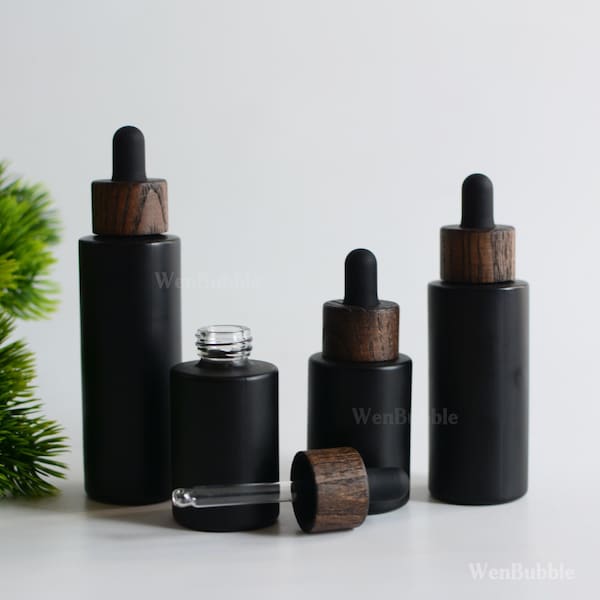 1–200 Stück, 20 ml, 30 ml, 50 ml, 60 ml, 80 ml, 100 ml, natürliche Verpackung, schwarzer Holzflaschenbehälter, mattschwarze Tropfflasche aus Glas für ätherische Öle