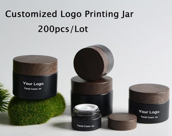 200px / Lot Kundenspezifisches Logo 5g 10g 15g 30g 50g Mattschwarzes Holzkornglas Kosmetik Gesichtshaut Gesichtscreme Butter Peelingbalsam, Schüttgut