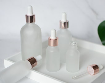 5ml 15ml 30ml 50ml 100ml Frosted Glass Dropper Bottles, Essential Oil Dropper Bottle, Rose Gold Caps, Personal Care Treatment Bottle, Bulk