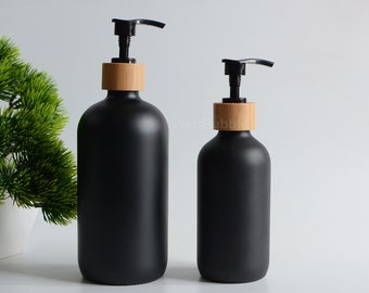 50pcs 500ml16oz Matte Black Glass Hand Soap Dispenser Bottle with Bamboo Wooden Soap Lotion Pump, Bathroom Accessories Bottle, New Home Gift