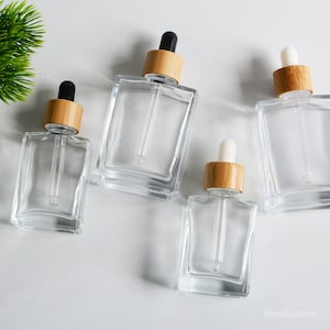 1-100pcs 1oz 30ml 50ml 100ml Natural Bamboo Clear Square Glass Essential Oil Dropper Bottle, Cosmetic Serum Perfume Fragrance Pipette Bottle