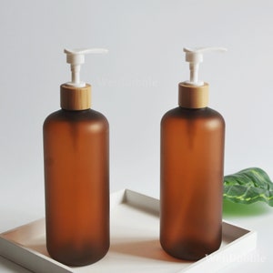 500ml 16oz Bamboo Wooden Matte Amber Shampoo Lotion Dispenser Bottle, Plastic Soap Dispenser Bottle, Modern Bathroom Accessories, Wholesale