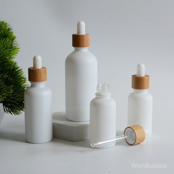 1-500pcs 5ml 10ml 15ml 20ml 30ml 50ml 100ml Matte White Glass Essential Oil Dropper Bottles, Natural Bamboo Collar Lids Pipette Bottle, Bulk