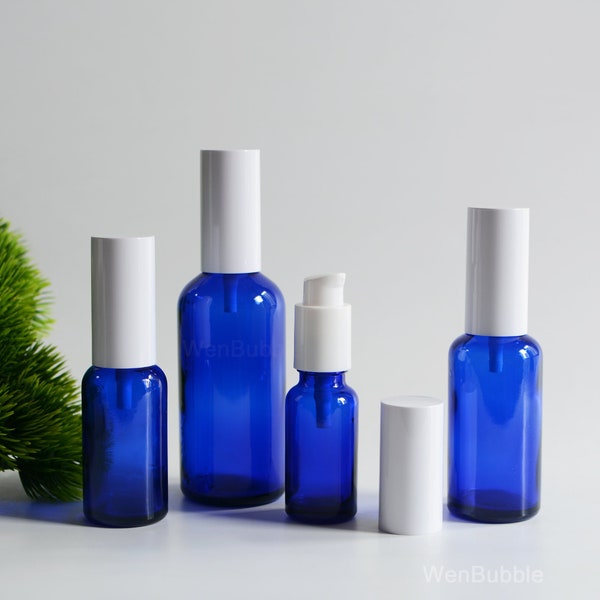 1-200pcs 15ml 30ml 50ml 100ml 1oz 3.4oz Cobalt Blue Glass Skin Care Essential Oil Cream Treatment Serum Pump Bottle, Body Oil Dispenser