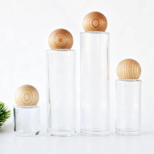 Frasco de vidro transparente de madeira natural para óleos essenciais e tratamentos faciais, tamanhos 20ml, 30ml, 50ml, 60ml, 80ml, 100ml e 120ml (1 a 200 unidades). Disponível para atacado.