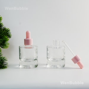 1-200pcs 30ml 1oz Thick Bottom Cylinder Glass Serum Essential Oil Pink Dropper Bottle, Flat Shoulder Skin Care Oil Pipette Bottle, Wholesale