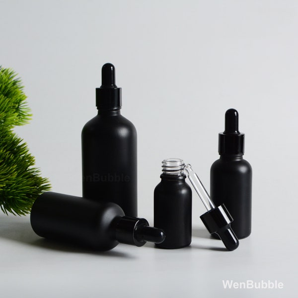 1-500px 5ml 10ml 15ml 20ml 30ml 50ml 100ml Matte Black Glass Essential Oil Dropper Bottle, Men Hair Skin Serum Oil Pipette Bottle, Wholesale