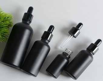 1-500px 5ml 10ml 15ml 20ml 30ml 50ml 100ml Matte Black Glass Essential Oil Dropper Bottle, Men Hair Skin Serum Oil Pipette Bottle, Wholesale