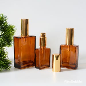 1-500pcs 30ml 50ml 100ml Shiny Amber Square Glass Fine Mist Spray Bottle, Gold Essential Oil Room Home Fragrance Spray Bottle, Wholesale