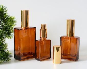 1-500pcs 30ml 50ml 100ml Shiny Amber Square Glass Fine Mist Spray Bottle, Gold Essential Oil Room Home Fragrance Spray Bottle, Wholesale