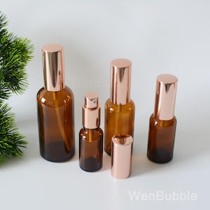 1-200pcs 15ml 20ml 30ml 50ml 100ml Shiny Amber Glass Fine Mist Spray Bottle, Rose Gold Essential Oil Spray Bottle, Wholesale