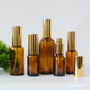 1-200pcs 15ml 30ml 50ml 100ml Shiny Amber Glass Gold Essential Oil Fine Mist Spray Bottle, Room Linen Fragrance Perfume Bottle, Wholesale