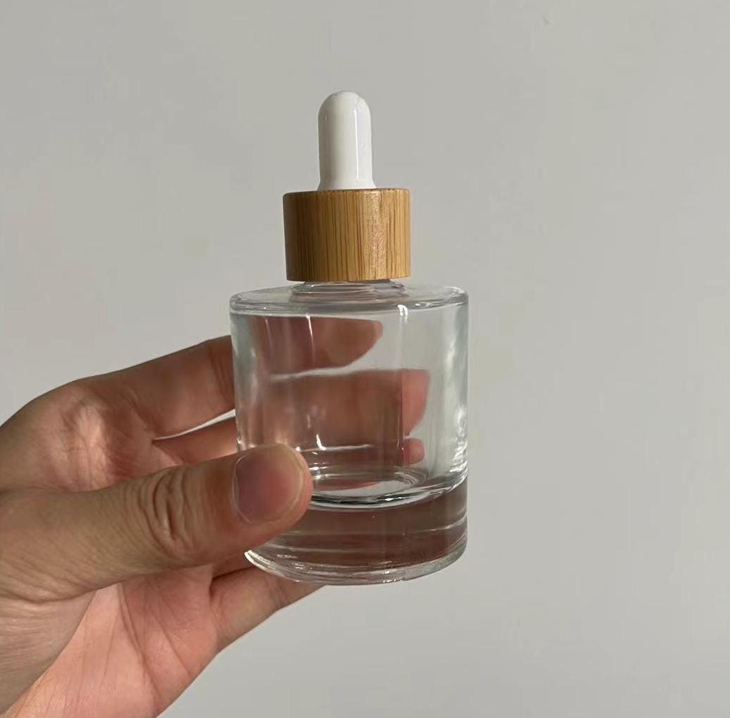 30ml 50ml Thick Bottom Clear Glass Bamboo Essential Oil Dropper Bottle, Flat Shoulder Cylinder Serum Pipette Bottle, Wholesale