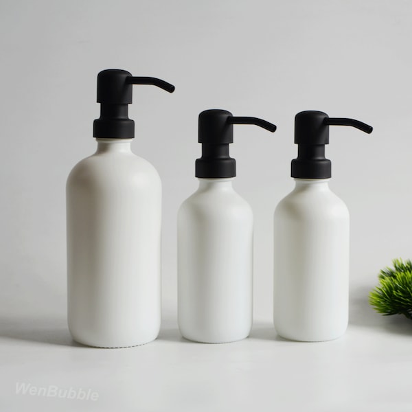 250ml 500ml 8oz 16oz Modern Bathroom Matte White Glass Soap Dispenser Bottle, Stainless Steel Metal Soap Lotion Pump Bottle, New Home Gift