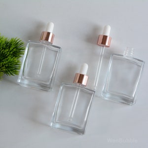 1-200pcs 1oz 30ml 50ml 100ml Clear Square Glass Essential Oil Dropper Bottle, Cosmetic Skin Care Rose Gold Serum Pipette Bottle, Wholesale