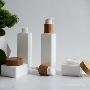 1-200pcs 30ml 50ml 100ml Natural Bamboo Square Glass White Lotion Serum Oil Bottle, Square Glass Cream Jar, Wholesale